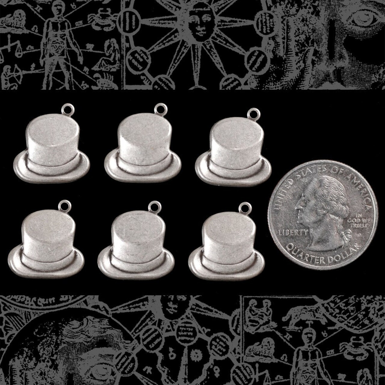 Antiqued Silver Plated Brass Top Hat Charms - Set of Six - S-C143